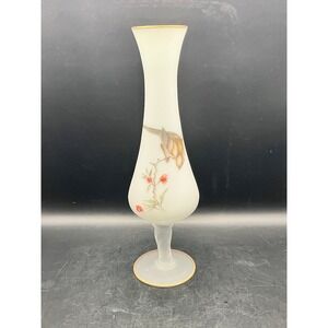Vtg Norleans White Satin Frosted Glass Bud Vase‎ Bird Gold Rim Pedestal 60s 10"